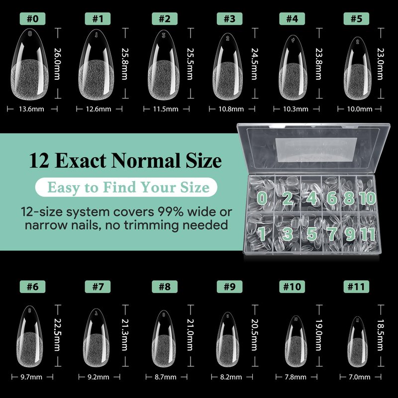 Medium Almond Nail Tips, 216pcs Acrylic Fake Nails Gel Nail Tips Soft, Full Cover Pre-Shaped Matte Clear Press on Nails for Extension, Diy at Home Manicure 12 Sizes