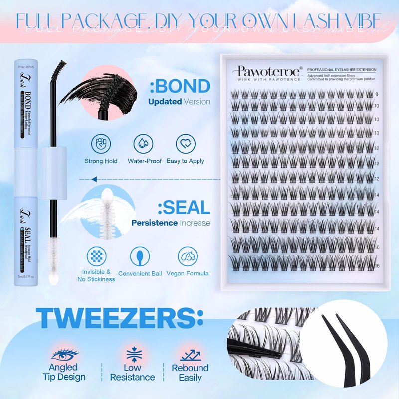 Pawotence Lash Clusters Kit Wispy Lash Extension Kit Natural 180pcs Cluster Eyelash Extensions Kit Individual Lashes 8-16mm Eyelash Clusters Kit with Lash Cluster Bond Seal and Lash Tweezers