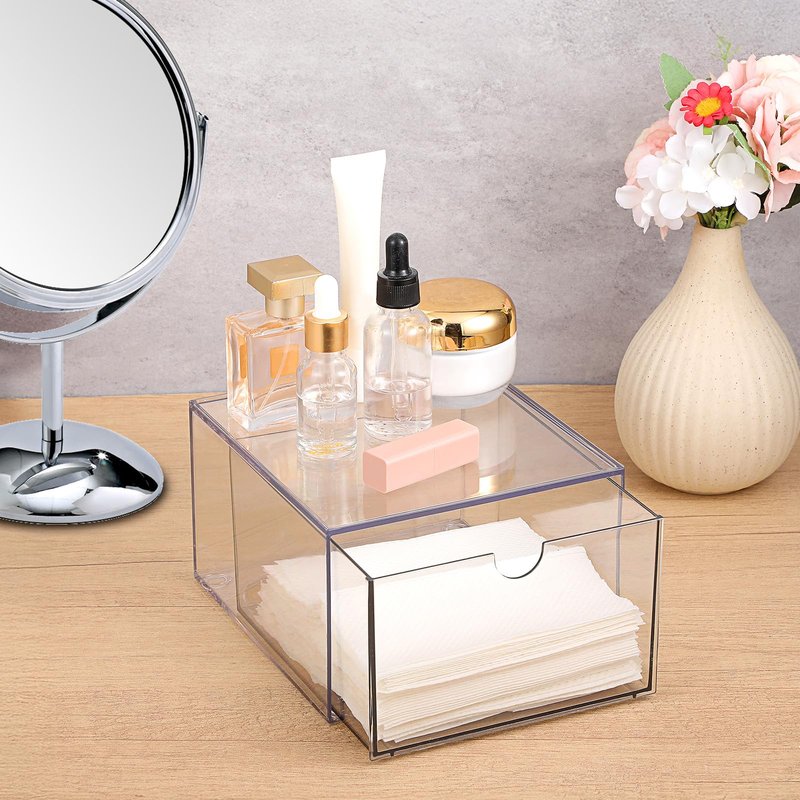 cobee Disposable Face Towel Holder, Acrylic Face Towel Storage Box Bin Container Stackable Clear Makeup Organizer with Drawer for Vanity Bathroom Makeup Organization