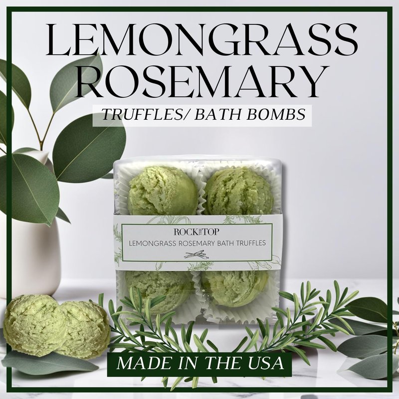 Rock the Top | 6 Lemongrass Rosemary Self Care Gifts for Women, Aromatherapy Epsom Salt Bath Soak, Lavender Soap, Bath Bombs, Bath Salts with Plant Based Loofa Dry Brushing Body Brush Gift