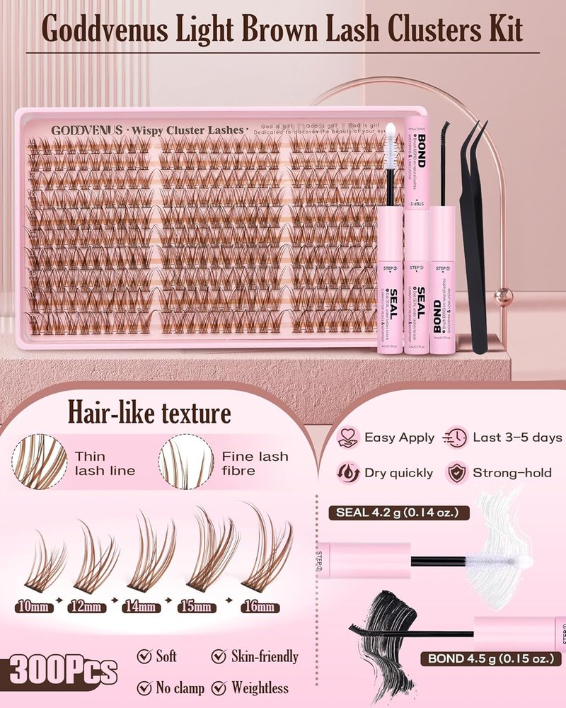 Brown Lash Clusters Kit Natural 300Pcs Wispy Lashes Cluster Eyelash Cluster Extensions Kit C Curve Individual Lashes Extensions Kit For DIY Waterproof & Long - Lasting (Light Brown10-16mm)