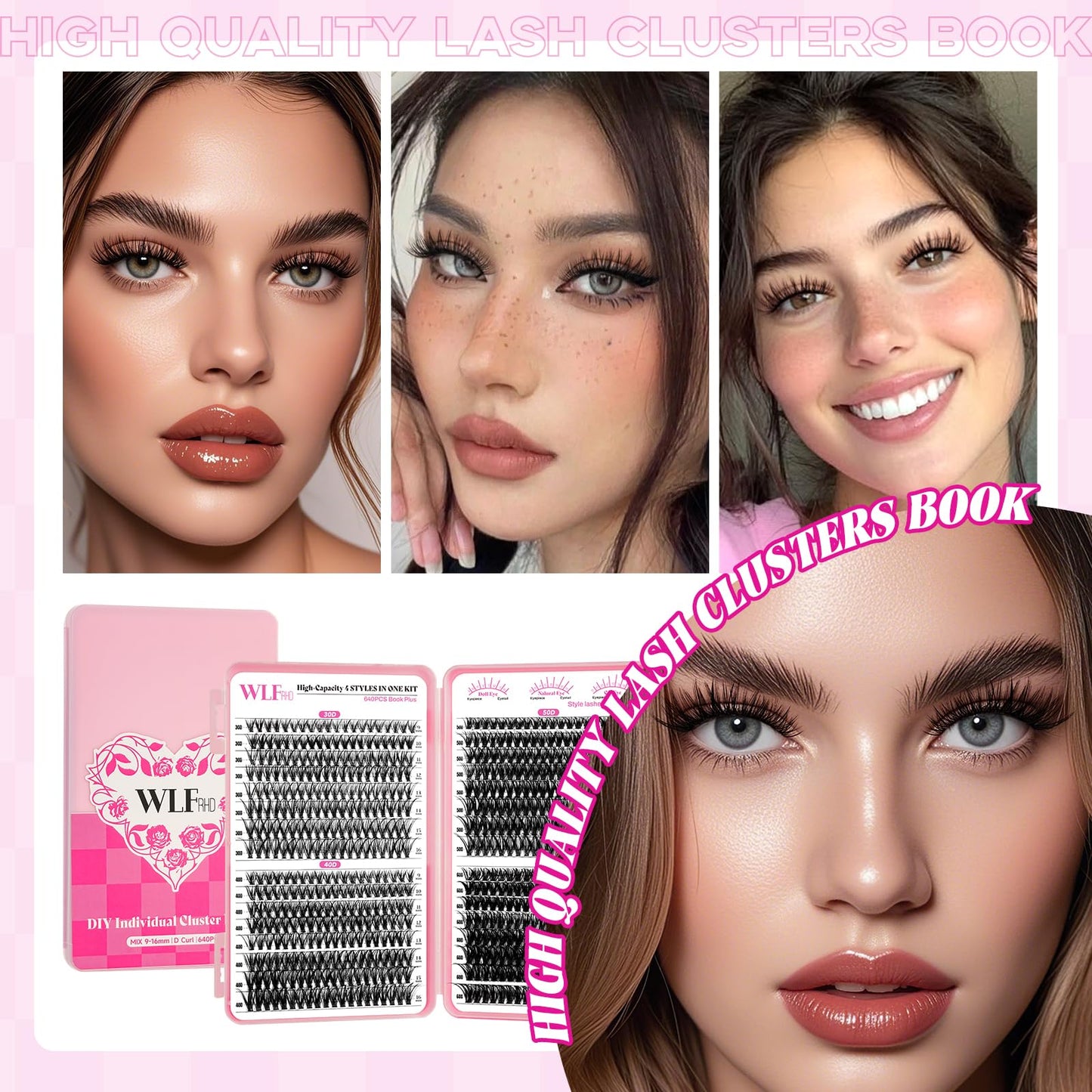 WLFRHD Lash Clusters Kit 640Pcs Eyelash Clusters Kit D Curl Wispy Cluster Lashes Kit 30D+40D+50D+60D Lashes Clusters Kit With Bond and Seal Remover Tweezers Brush 9-16mm for DIY Home