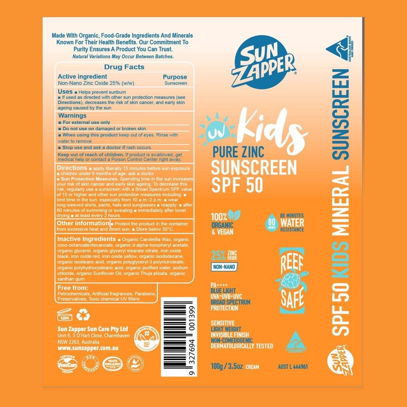 Sun Zapper Kids Pure Zinc Sunscreen SPF 50 – Mineral Sunscreen for Children with Organic Ingredients, 25% Non-Nano Zinc Oxide, Reef Safe, Water Resistant, Fragrance Free, Vegan, 100g (3.5 oz) Pump