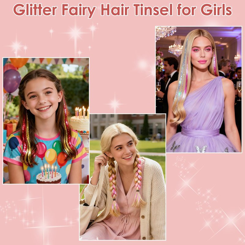 Revahope 8400 STRANDS Hair Tinsel Kit for Girls, 24 Colors 48 Inches Fairy Hair Tinsel Kit Heat Resistance Colorful Glitter Hair Extensions with Tools for Party Concert