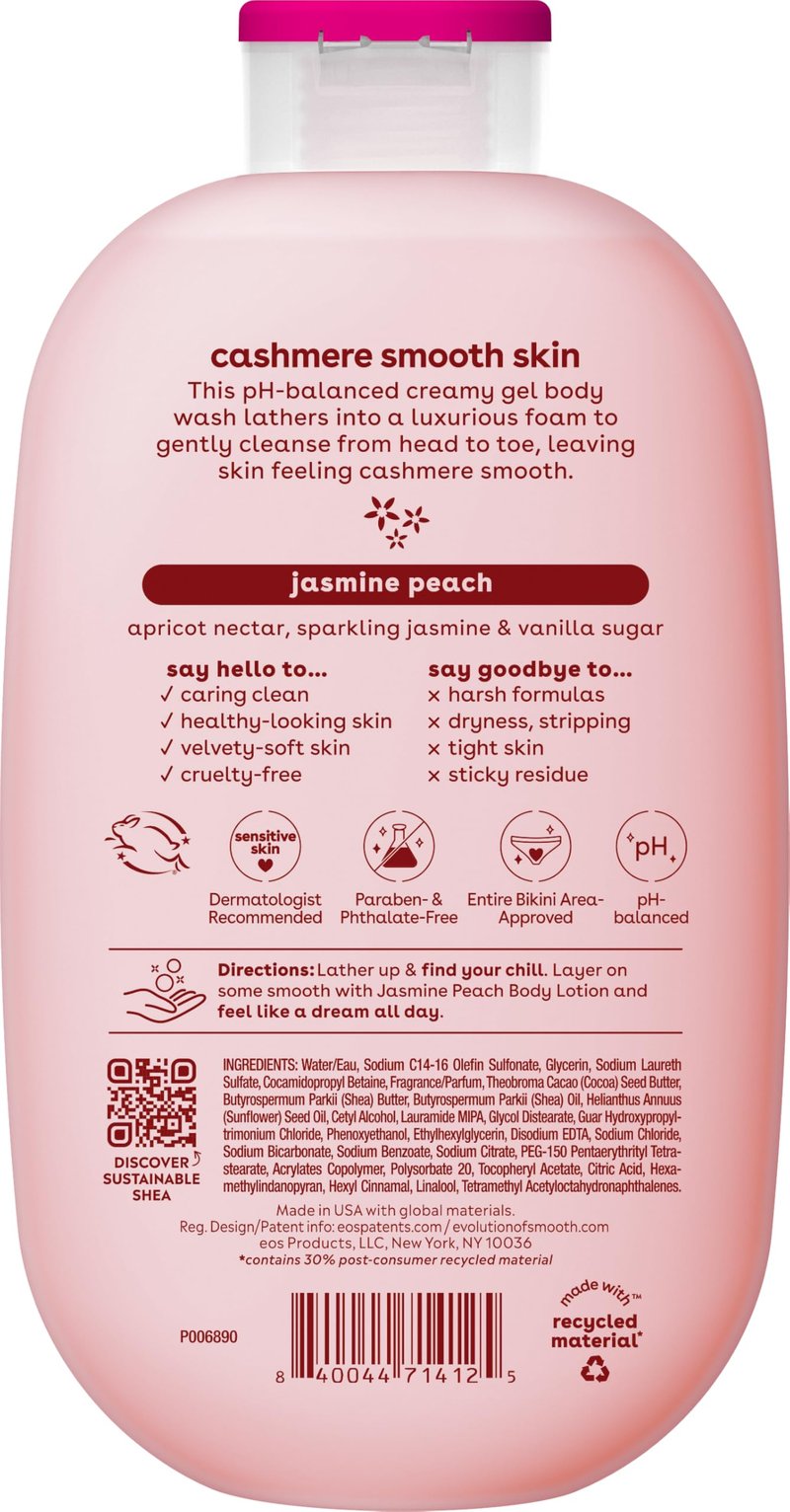 eos Cashmere Body Wash – Jasmine Peach, Moisturizing Body Wash, Creamy Gel Formula, with Shea Butter, Glycerin, Vitamin E, pH Balanced, Sensitive Skin, Vegan, 16 fl oz