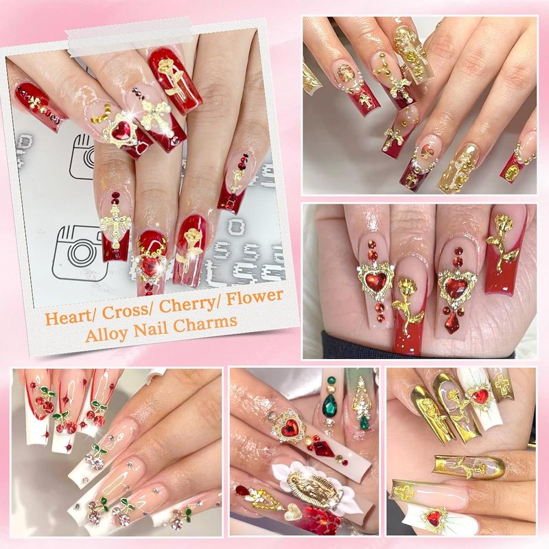 Gold Cross Star Nail Charms Set - 130 Pcs Heart & Flower Designs for DIY Acrylic Nails | Y2K Style