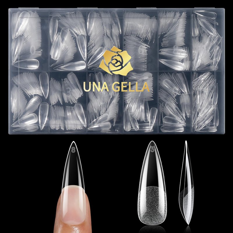 UNA GELLA Long Stiletto Gel Nail Tips 600Pcs Pre Etched Long Stiletto Almond Nail Tips Clear Fake Nails Press on Nails No C Curve for DIY Art Salon at Home 12 Sizes