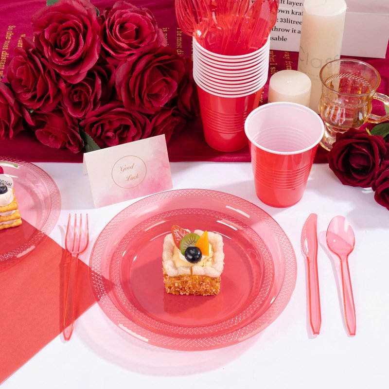 WELLIFE 210 PCS Clear and Red Plastic Plates for 30 Guests - Disposable Dinnerware Set Including Dinner Plates, Dessert Plates, 12oz Cups, Cutlery & Napkins, Red Party Plates for Valentines