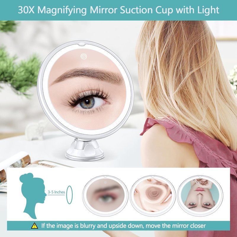 Lighted Makeup Mirror - 30X Magnification with Adjustable Brightness | 3 Color Modes, 360° Swivel Design, Suction Cup