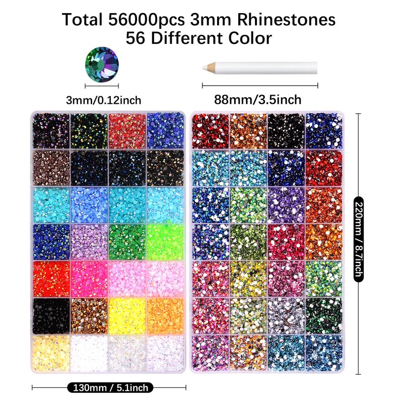 56000Pcs Rhinestones for Bedazzling,56 Colors Bedazzling Kit with Rhinestones for Crafting,3mm Gems Resin Jelly Flatback,Perfect for Nail Art, Diamond Art, Clothing