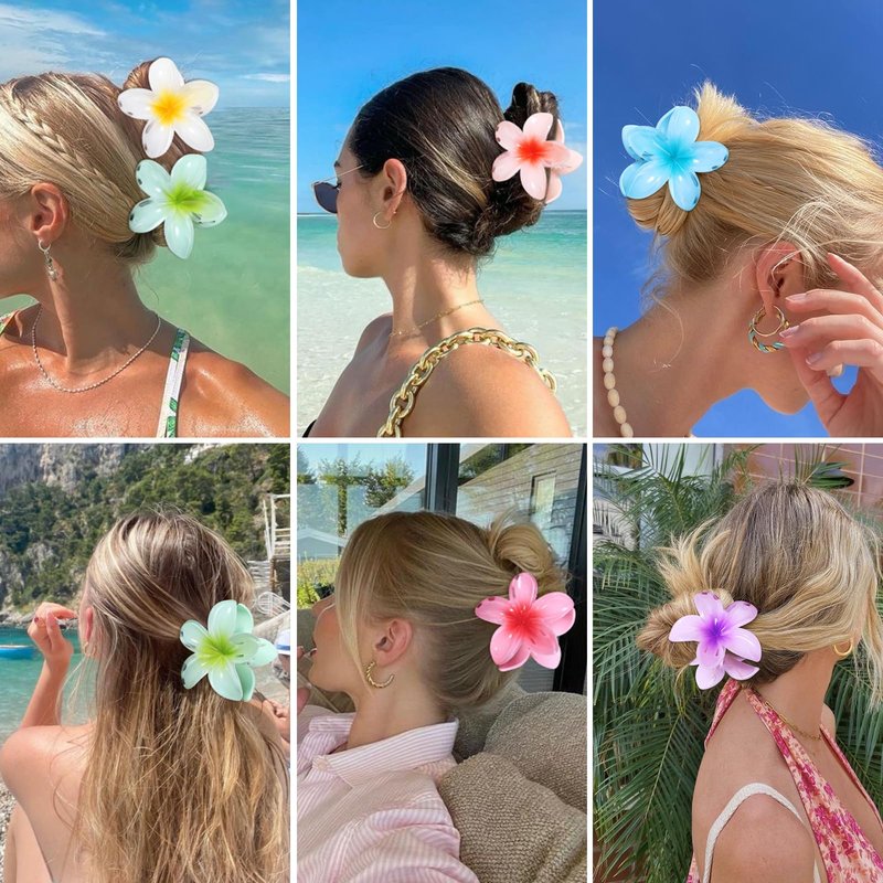 CHANDAT Flower Hair Clips 6 PCS Hawaiian Claw Clips for Vacation Hibiscus Hair Claw Clips Cute Large Hair Clips for Thick and Thin Hair Plumeria Hair Accessories for Women Girls - Hawai