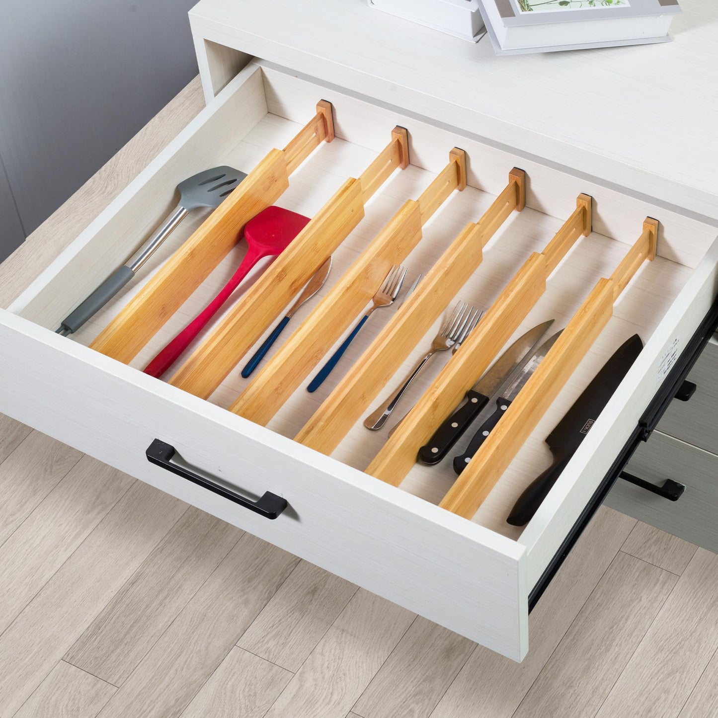VaeFae 6-Pack Bamboo Drawer Dividers – Adjustable 14"-19.1" (Fits 15"-18" Drawers ONLY), Spring-Loaded Expandable Organizer for Kitchen, Bedroom, Office & Bathroom, MUST MEASURE Before Purchase