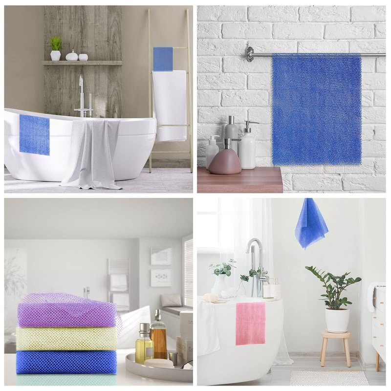 UJFQBH 3 Pieces African Bath Sponge African Net Long Net Bath Sponge Exfoliating Shower Body Scrubber Back Scrubber Skin Smoother,Great for Daily Use (Purple,Blue,Off-White)