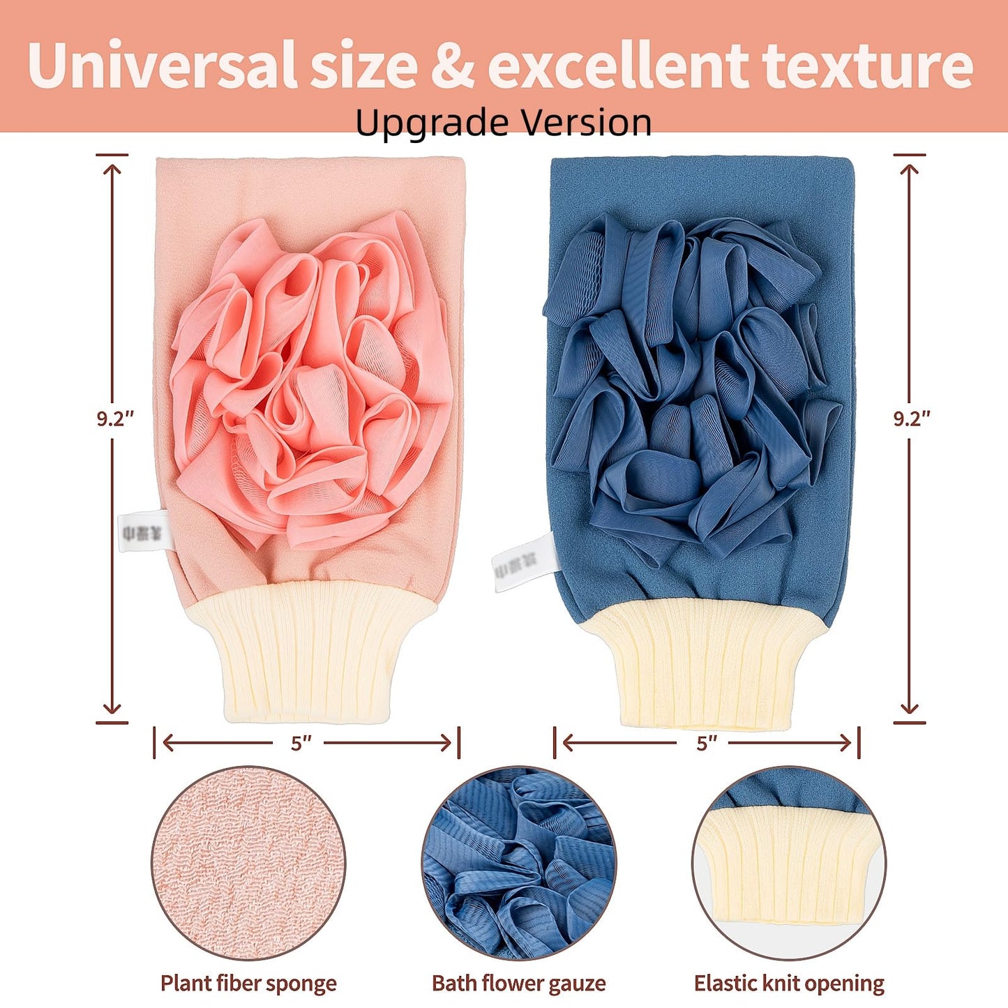 Deep Exfoliating Mitts (2pcs) Double-Sided Gloves for Shower, Body Massage Scrub & Bath Loofah Sponge,Skin Exfoliator, Dead Skin Remover (Pink & Blue)
