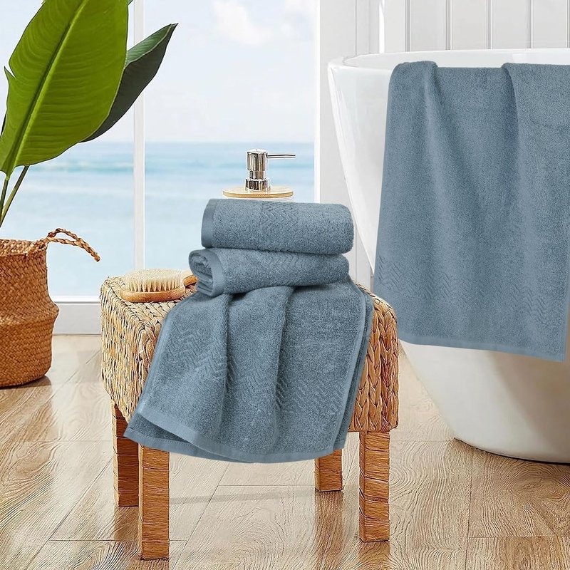 Cleanbear Hand Towel for Bathroom, 100% Cotton, Quick Dry & Lightweight Hand Towels with Wavy Pattern, Lint Free and Durable, 4 Pack, 13 x 28 Inch (Blue-Gray)