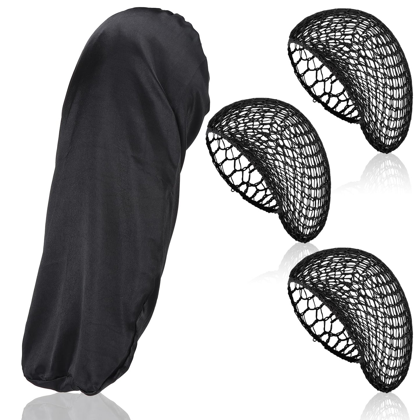 ZhouBoat Black Long Hair Bonnet with 3pcs Crochet Hair Nets Set Extra Long Wrap Cap Reusable Elastic Shower Cap for Braids Curly