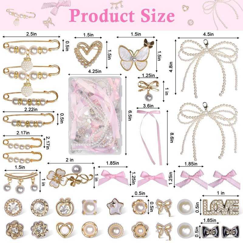 yuboo 39pcs Shoe Charms for Sneakers- Junk Socks Charms Kit Contain Brooches/Pink Bows/Clips/Jewelry, Pearl Charm Accessories for Girls/Women/Mom Clothes Bag Hat