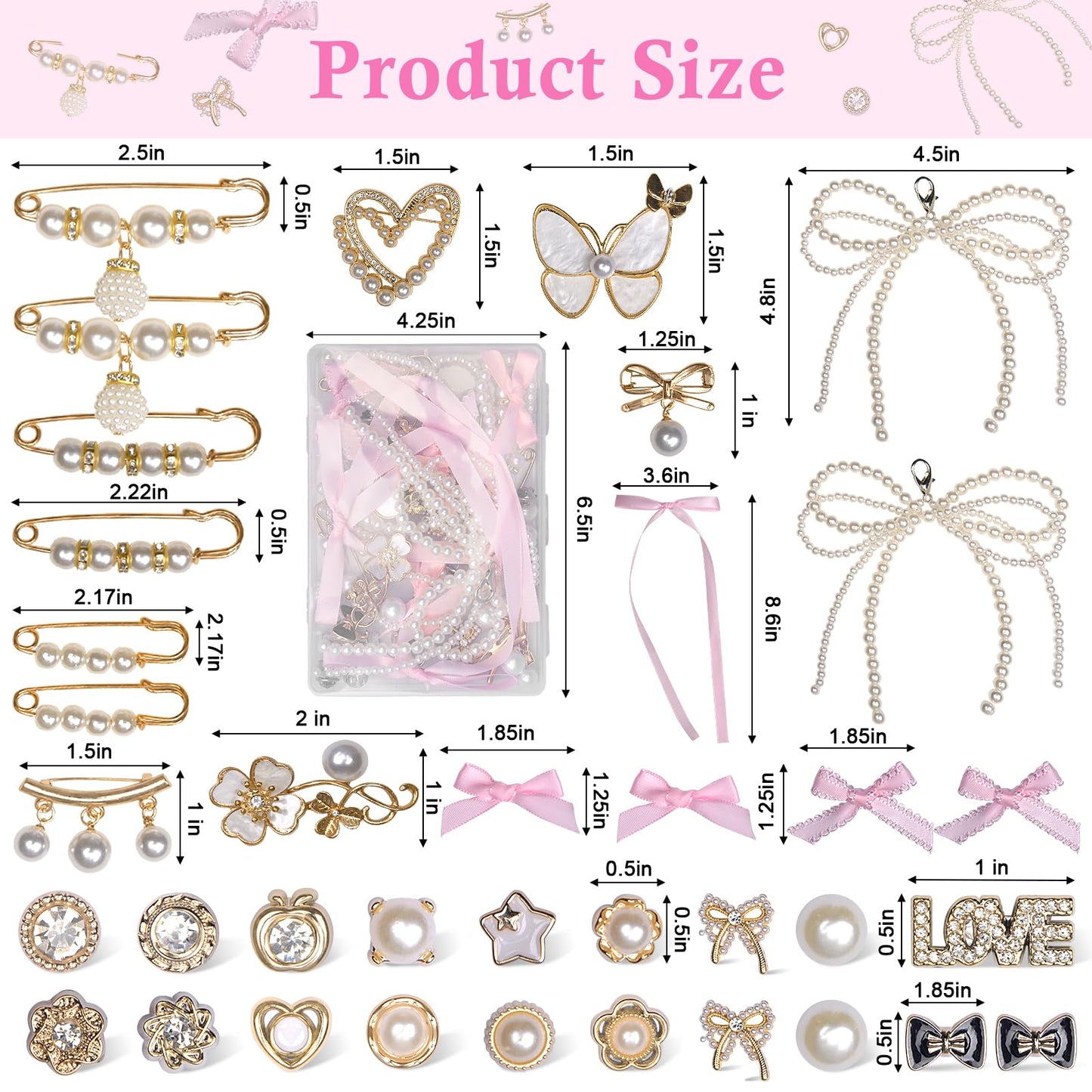 yuboo 39pcs Shoe Charms for Sneakers- Junk Socks Charms Kit Contain Brooches/Pink Bows/Clips/Jewelry, Pearl Charm Accessories for Girls/Women/Mom Clothes Bag Hat