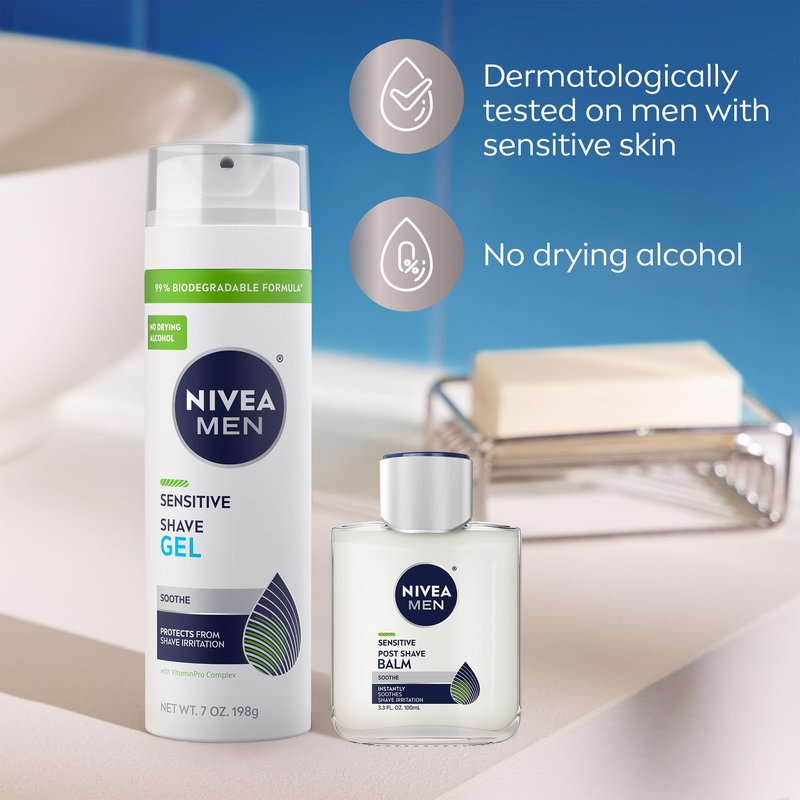 NIVEA MEN Sensitive Shaving Set for Men, Sensitive Shave Gel (7 Oz) + Soothing Post Shave Balm Aftershave (3.3 Fl Oz), Enriched with Chamomile Extract and Vitamin E, For Sensitive Skin