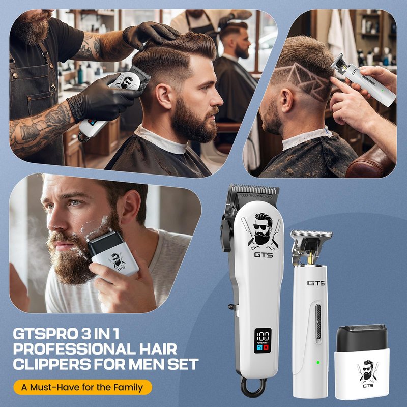 GTS PRO Hair Clippers for Men Professional Cordless Haircut Kit with Beard Trimmer Set, with IPX7 Electric Shavers, LED Display Rechargeable Barber Clippers for Home Use Gifts White