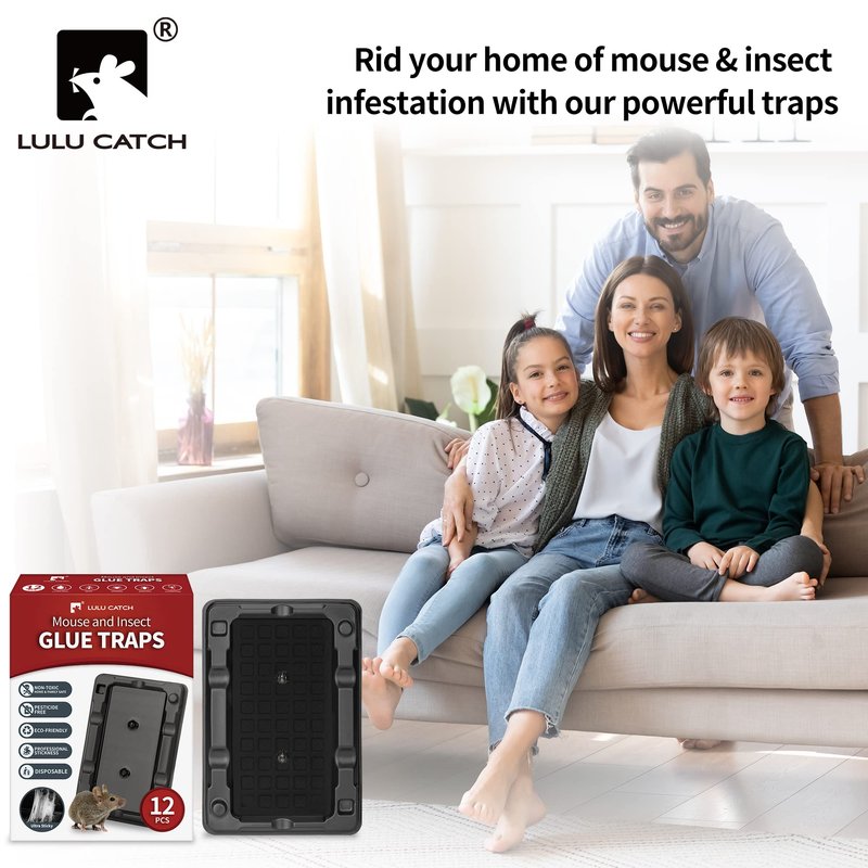 LULUCATCH Mouse & Insect Traps 12 Pack, Heavier Sticky Traps with Non-Toxic Glue for Small Mice & Insects. Sticky Mouse Traps Indoor for Home, Easy to Set