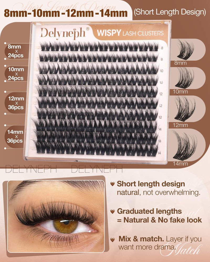 Wispy Lash Clusters Fluffy Cluster Eyelash Extensions Natural Eyelash Clusters 8-14mm Short Lash Clusters C Curl Cluster Lashes Extensions DIY Fairy Individual Lashes by Delyneph