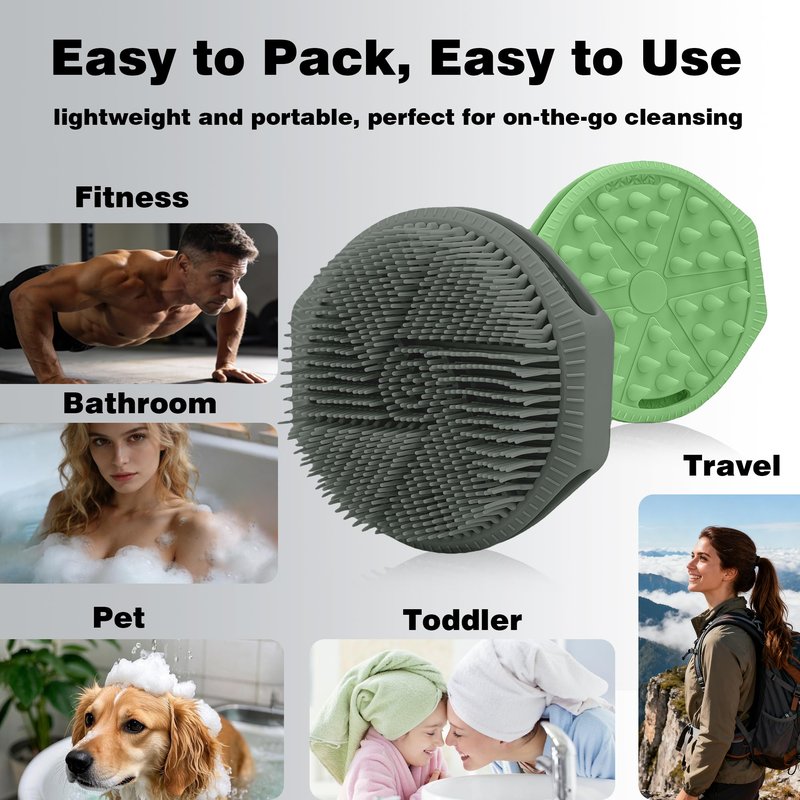 PeaKalo Silicone Body Scrubber for Men Women, Dual-Sided Bath Brushes Gentle Exfoliating Body Scrubber Scalp Massager for Deep Cleansing, Soft Silicone Loofah Body Washing Brushes (Gray+Green)