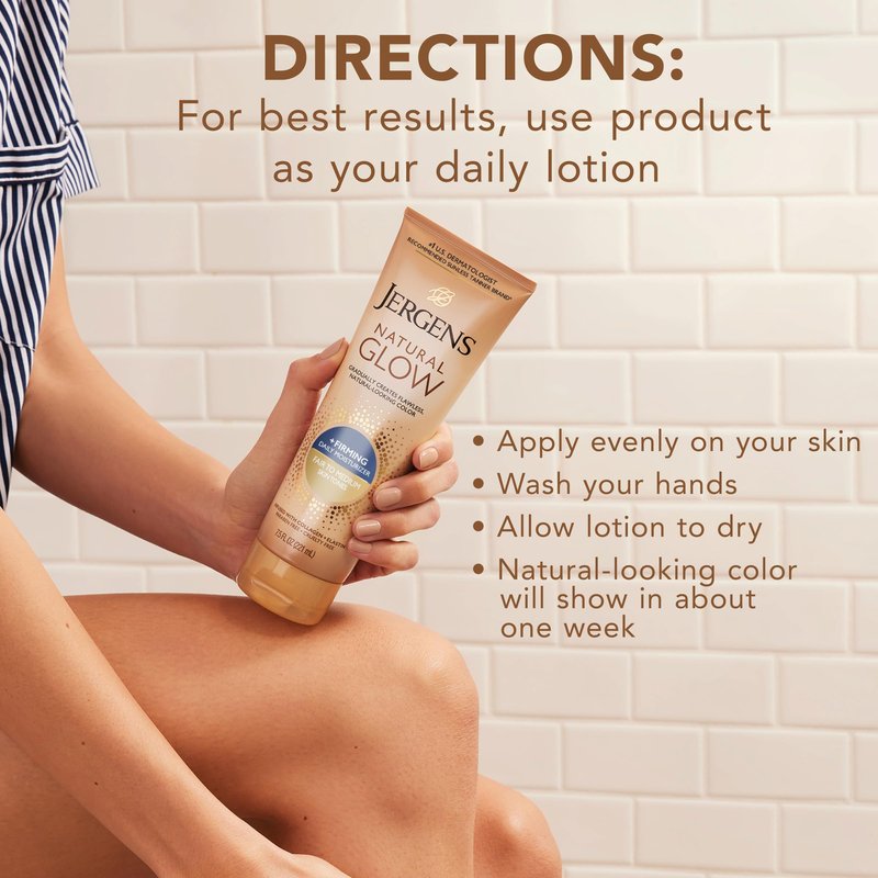 Jergens Natural Glow +Firming Self Tanner Body Lotion, Fair to Medium Skin Tone, Sunless Tanning Moisturizer with Collagen and Elastin. Helps to Visibly Reduce Cellulite, 7.5 Fl Oz