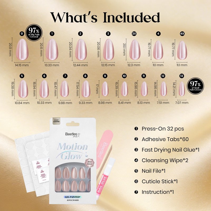 Beetles Cat Eye Press On Nails - Glossy Short Almond Press On Nails Motion Glow Kit, 32pcs 16 Sizes, Girls Stick On Nails with Adhesive Tabs & Fast-Dry Nail Glue, Salon-Ready Gift for Women Mist Glow