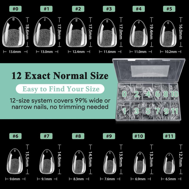 LEYKOSH Extra Short Almond Nail Tips - 216pcs Soft Gel Full Cover Fake Nails, 70-Grit Pre-Sanded Matte Clear Press on Nails for Extension, DIY Home Manicure with 12 Sizes