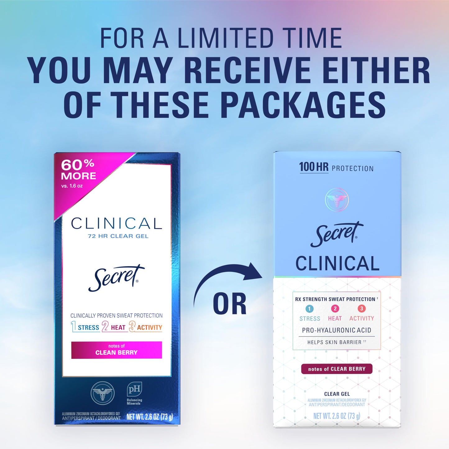 Secret Clinical Strength 100HR Sweat & Odor, Clear Gel Antiperspirant Deodorant for Women, 3X Stress Protection with Hyaluronic Acid, PH Balancing Minerals, Clean Berry Scent, 2.6 oz