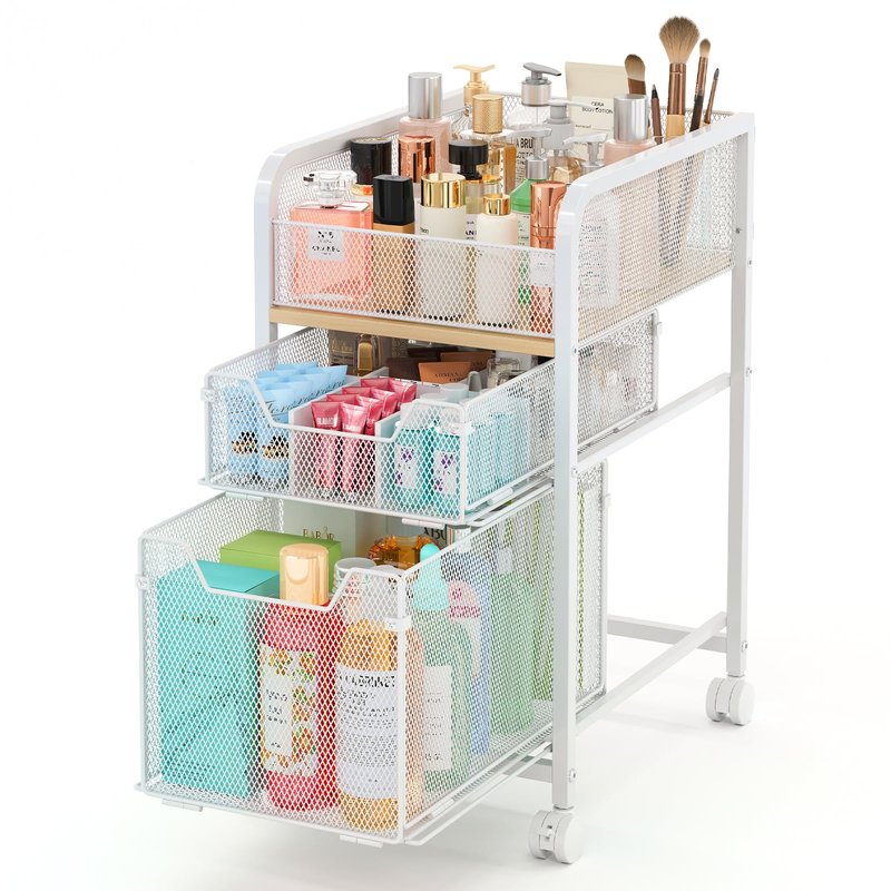 Hongtamoya Rolling Makeup Cart Organizer with 2 Drawers, Narrow Floor Skincare Organizers, Vanity Organizer Cosmetics Display Cases Holder for Skin Care Nail Polish Perfume Makeup Brush, White