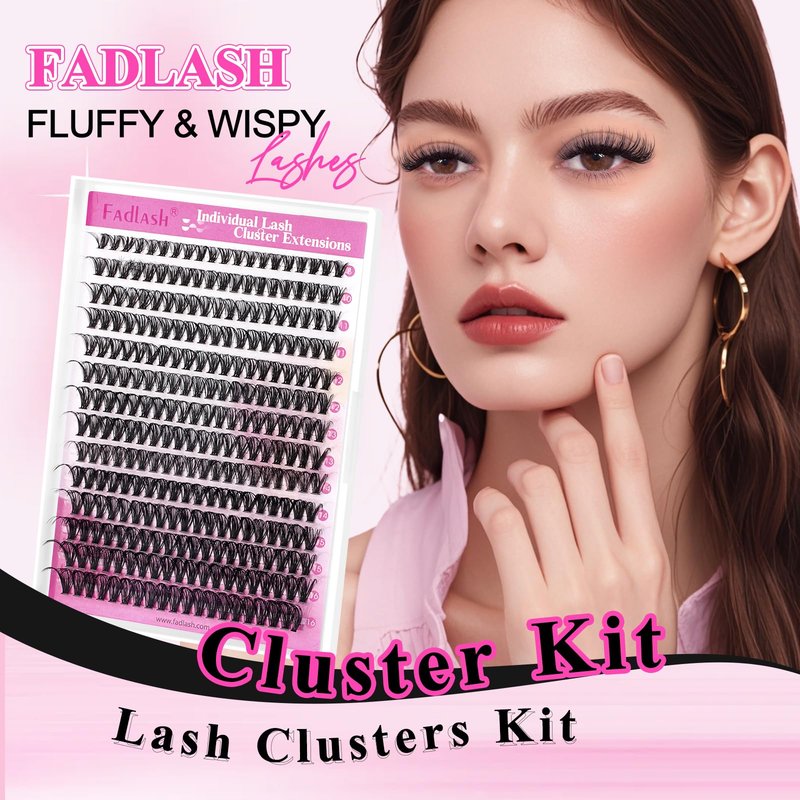 FADLASH Lash Clusters Kit 280PCS Natural Eyelash Clusters Individual D Curl Cluster Eyelash Extensions 8-16mm with Lash Bond and Seal Lash Tweezer for Beginners Soft Thin Band (40D-0.07D-8-16mm KIT)