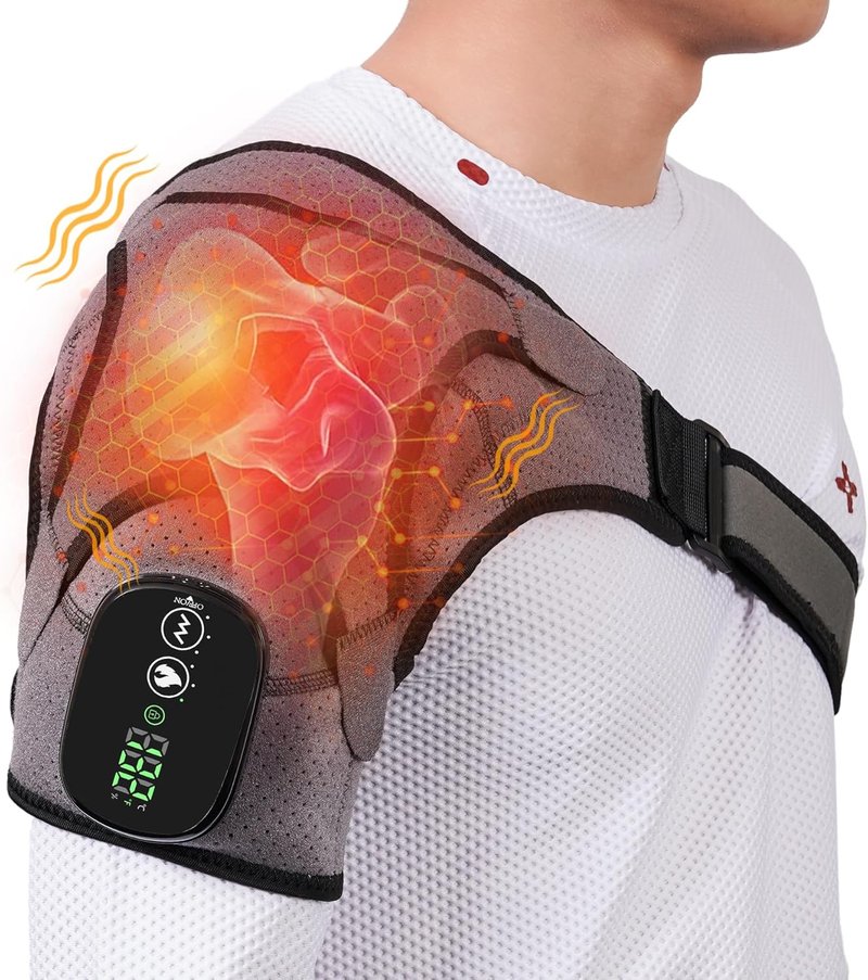 Cordless Shoulder Heating Pad - Electric Heated Wrap with Massage | 3 Vibration Levels & 3 Heat Settings for Rotator Cuff Pain Relief, Rechargeable 5000mAh Battery