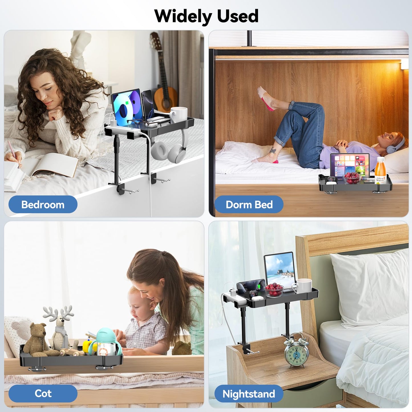 Bedside Shelf Bunk Bed Shelf for Top Bunk 15’’ Clip On Bedside Tray Adjustable Height Attachable Bedside Table Dorm Bedside Table for Loft Bed Dorm Room with Cup Holder & 3 Retractable Hooks Black