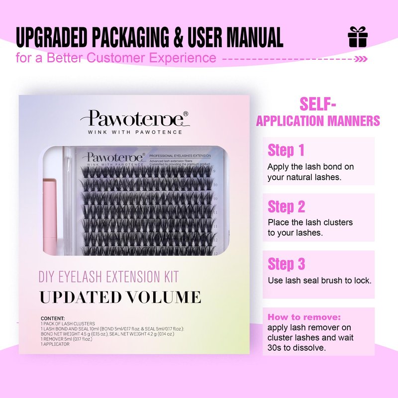 Pawotence Lash Extension Kit DIY 280pcs Individual Lash Clusters Kit 9-16mm 40D Cluster Eyelash Extension Kit with Lash Bond and Seal, Lash Remover, Lash Tweezers for Self Use (40D, 9-16mm, All Kit)