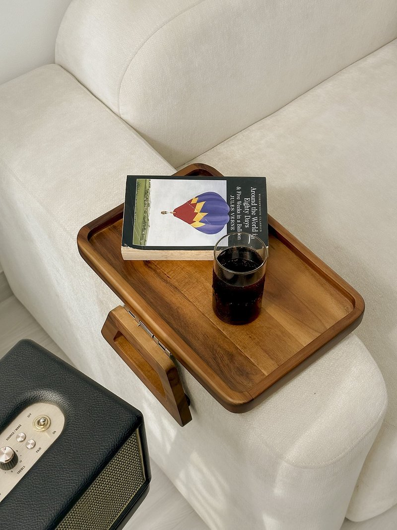 Tinamo 13.75" x 9.5" Acacia Couch Arm Table, Wooden Sofa Arm Tray, Armrest Table for Couch Wooden Sofa Armrest Tray, Clip-on Tray for Wide Couch - Side Table for Eating & Drink, Snack, Phone, Remote