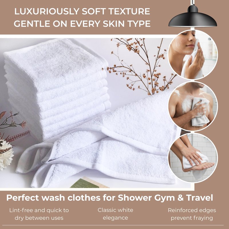 LIVINATI Thick White 100% Cotton Wash Cloths for Showering Body and Face - 12"X12" 12 Pack Washcloths - Small Terry Towel Bath Rags for Adults and Kids Bathroom - Soft Absorbent
