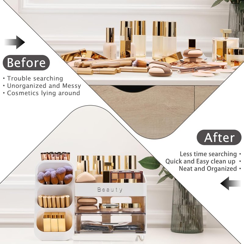 Skiennix Makeup Organizer - Spacious Vanity Storage with Brush Holder & Drawers for Cosmetics