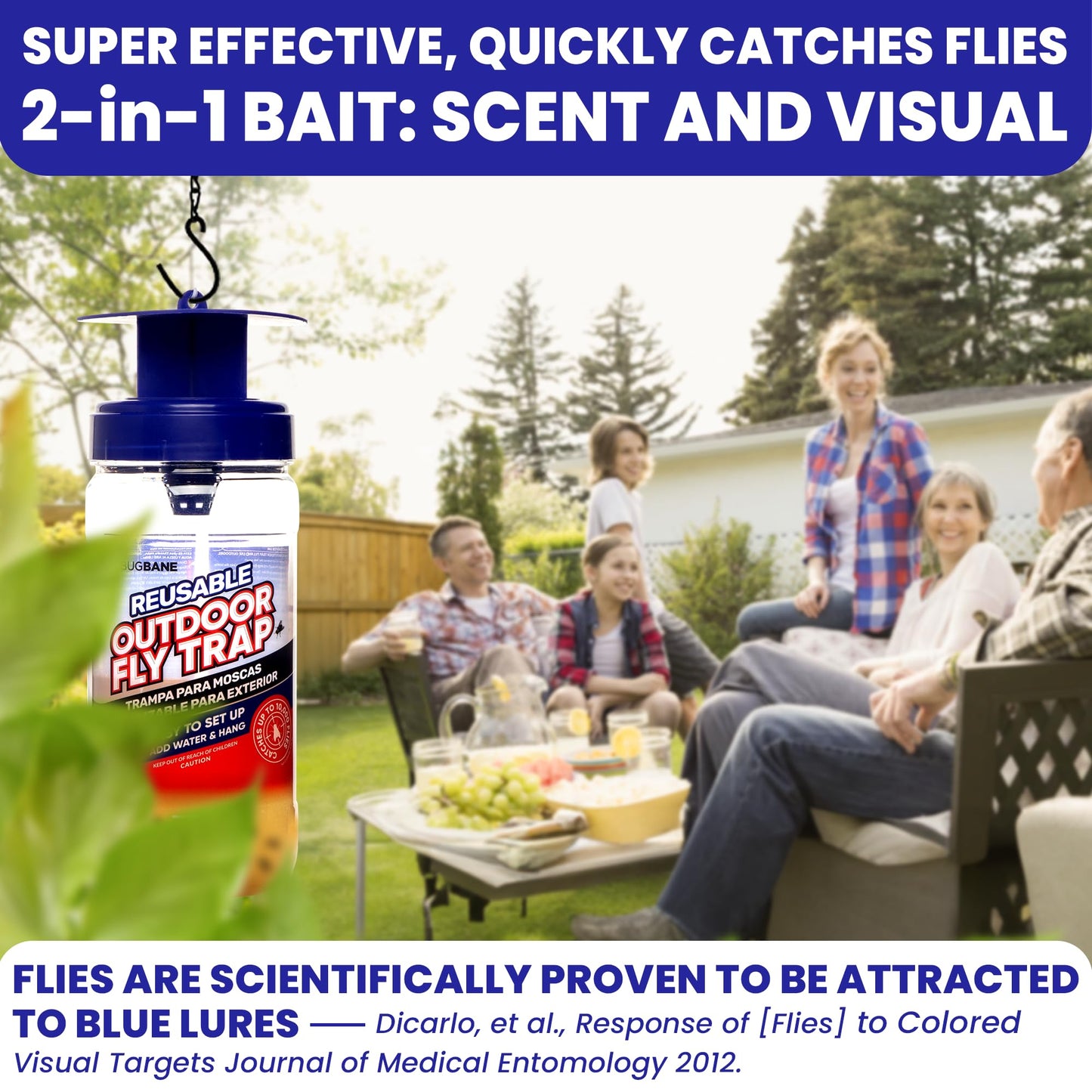 Fly Trap Outdoor Fly Traps for Patio with 2 Non-Toxic Dissolvable Bait Refills. Reusable Hanging Bug Catcher Killer for All Filth Flies for Outside Bug Control Yard Ranch. Hanging Chains Included.