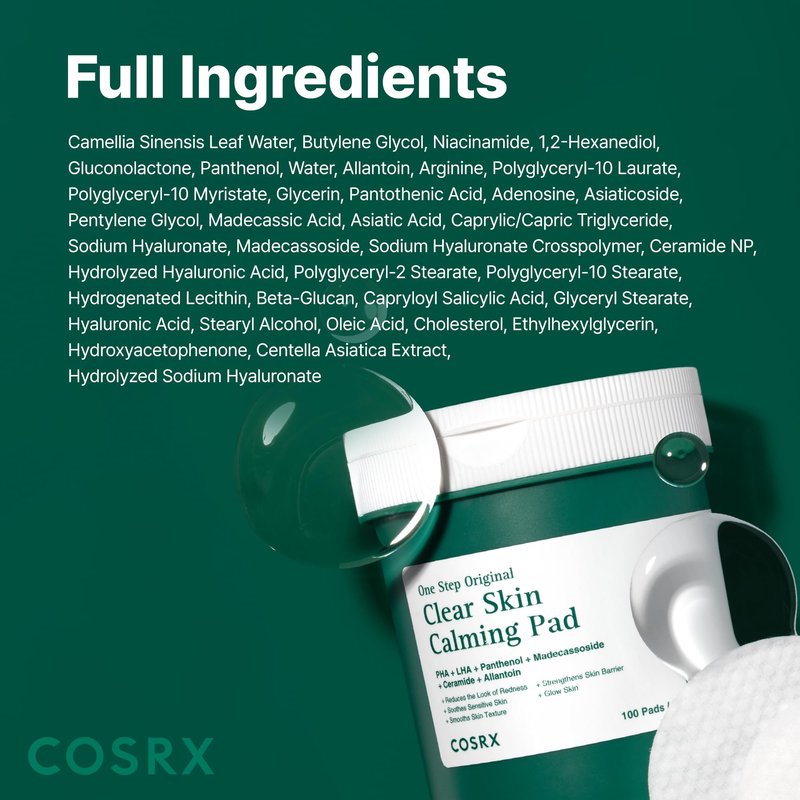 COSRX OneStep Original Clear Skin Calming Pad, 100 Pads, Dual-Sided Facial Pad for Soothing, Barrier Strengthening & Gentle Exfoliation with 82% Green Tea Water, Cica, PHA, LHA, Korean Skin Care