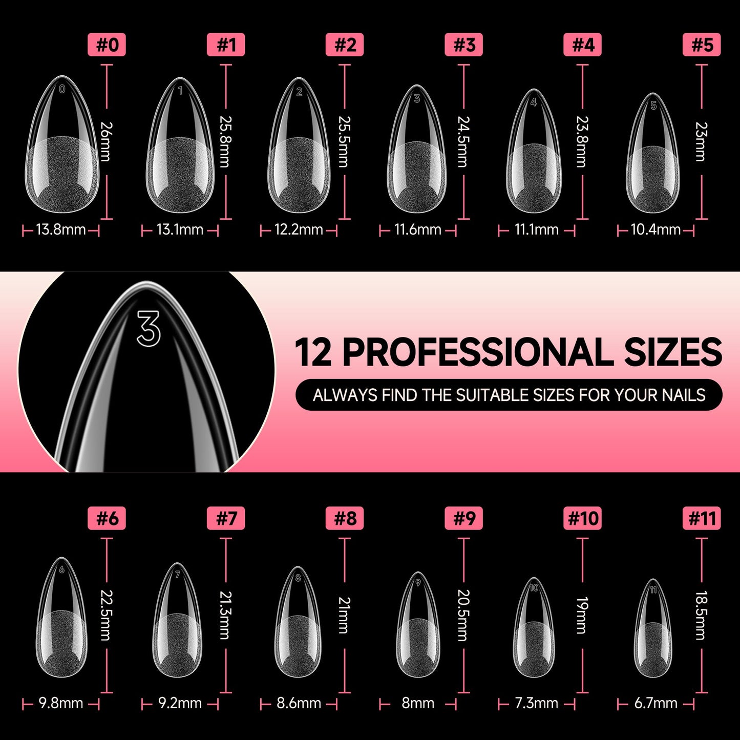 UNA GELLA Medium Almond Nail Tips, 12 Sizes Gel Nail Tips Almond Shape, 120Pcs Pre-file Soft Gel Nails Tips Clear Acrylic Fake Nails Full Cover Nails Tips for Nail Extensions DIY Salon Long Lasting