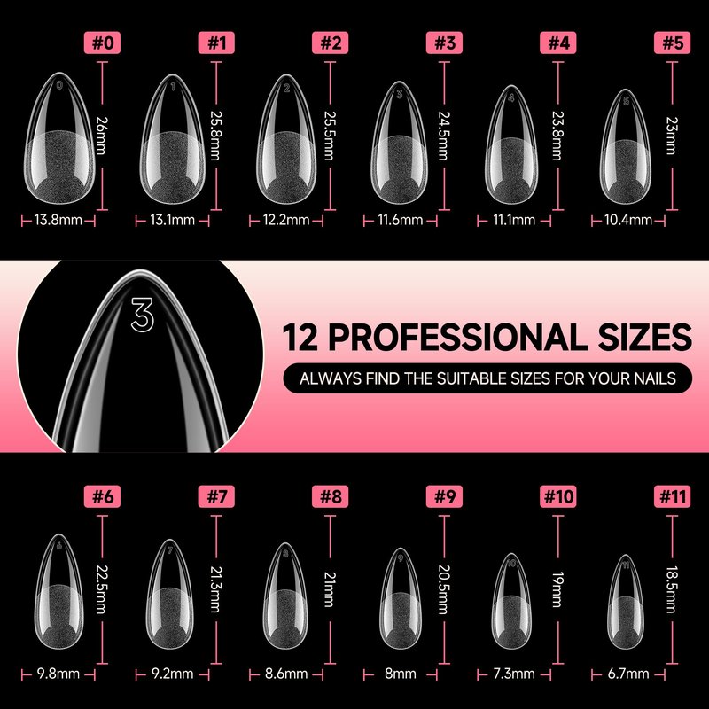 UNA GELLA Medium Almond Nail Tips, 12 Sizes Gel Nail Tips Almond Shape, 120Pcs Pre-file Soft Gel Nails Tips Clear Acrylic Fake Nails Full Cover Nails Tips for Nail Extensions DIY Salon Long Lasting