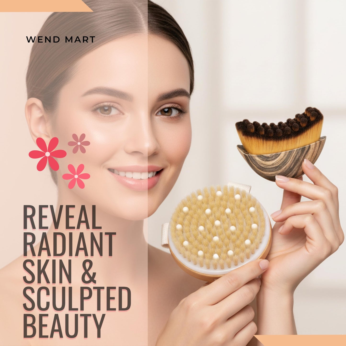 Wendmart 2 in 1 Dry Brushing Body & Face Contour Brush Set – Natural Boar Bristle Body Brush for Lymphatic Drainage, Cellulite & Exfoliation + Soft Facial Brush for Jawline Sculpting & Puffiness