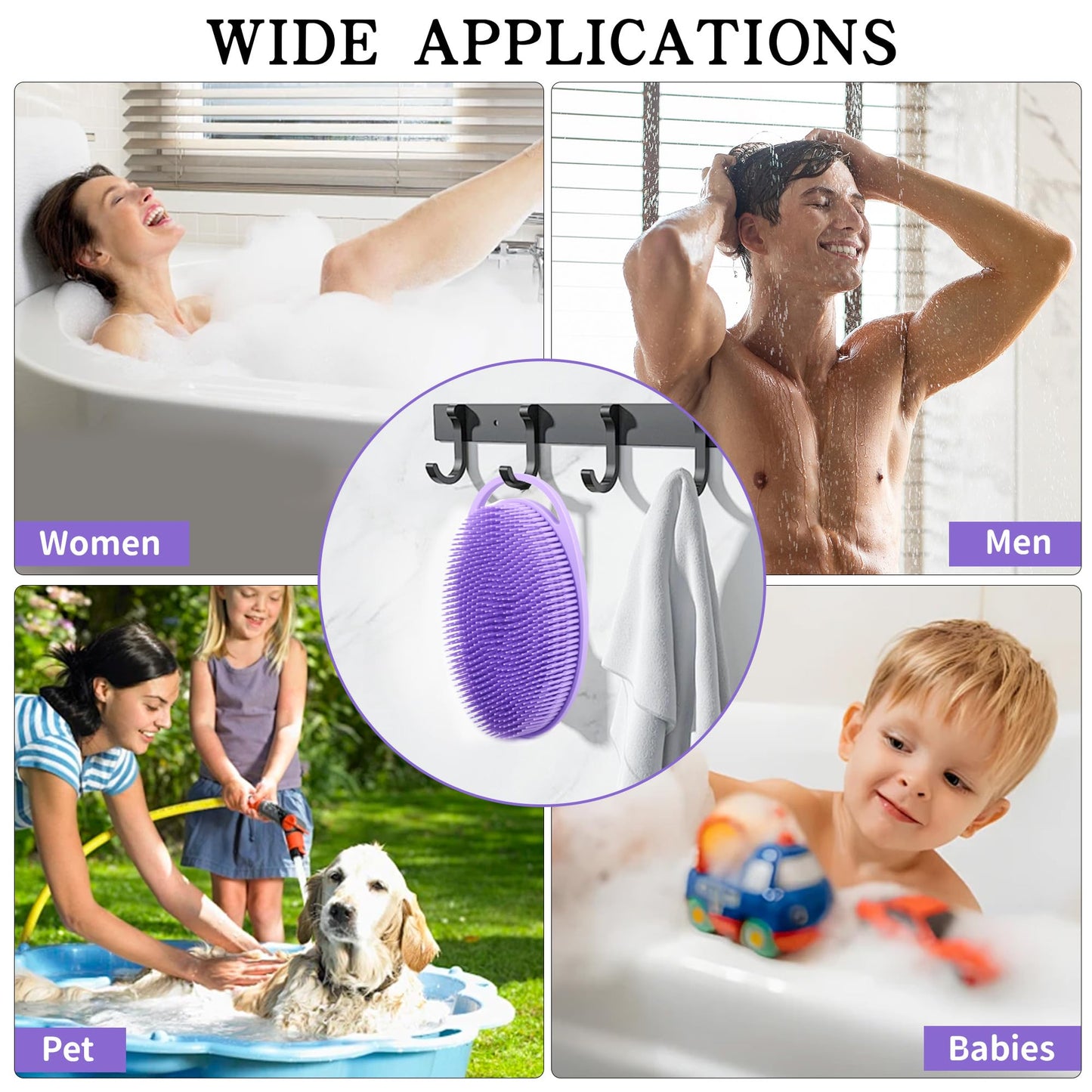 2 Pack Silicone Body Scrubber for Shower, Soft & Gentle Loofah Alternative for Sensitive Skin, Quick-Drying & Hygienic Body Wash Scrubber Brush for Women, Men & Kids (Purple & Pink)