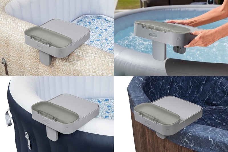 Bestway Lay-Z-Spa 4-in-1 Accessory Table for Hot Tubs, Side Tray for Tablet, Phone, Drinks and Snacks, Adjustable Universal Fit with Cup Holders, Grey