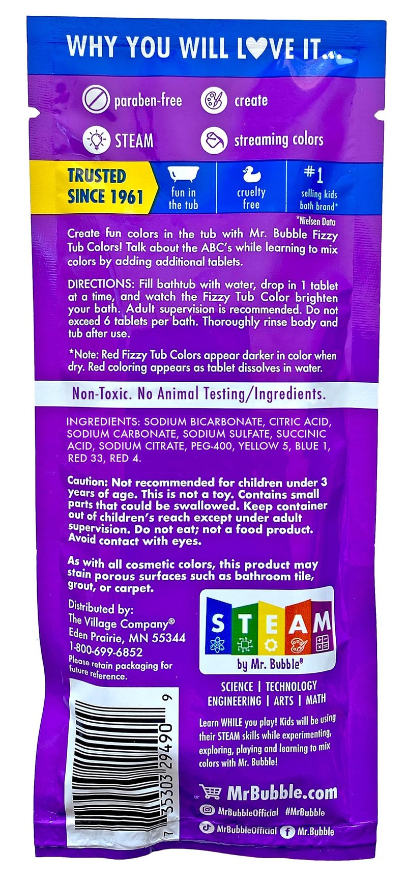 Mr. Bubble Fizzy Tub Colors Bath Water Coloring Tabelets, 6 Bright Colors, Red, Orange, Yellow, Purple, Blue and Green, Fragrance Free (12 Packets, 9 Tablets Each)