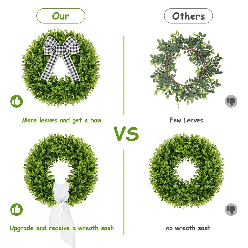 Vlorart 20" Boxwood Wreath for Front Door with Sash & Plaid Bow, Full Lush Artificial Greenery Wreath for Spring Summer Farmhouse Wall, Window & Wedding Decor