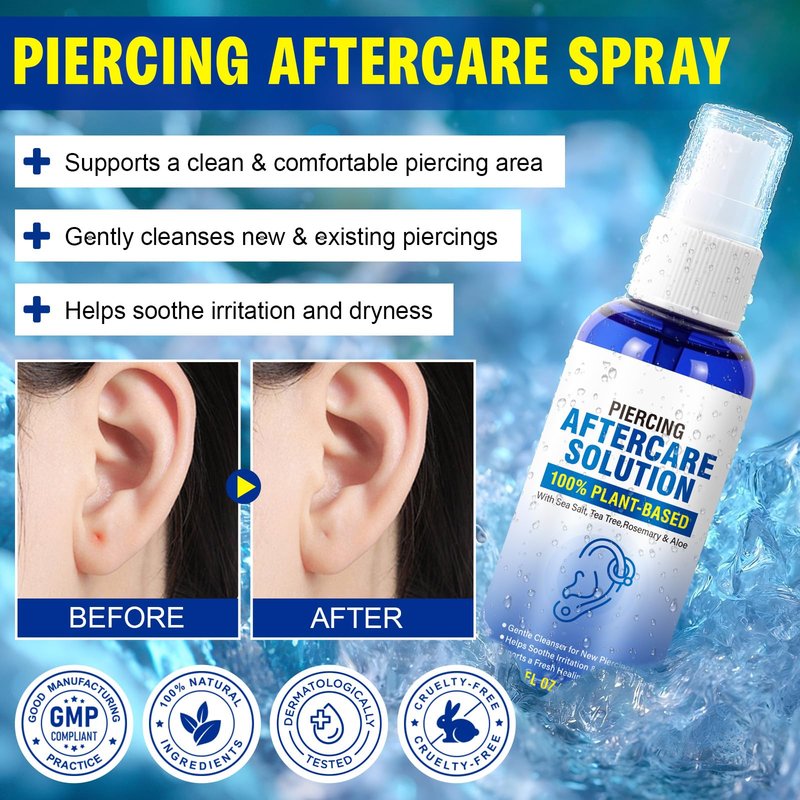 Piercing Aftercare Spray, Sea Salt Spray for Ear, Nose, Belly Button, Cartilage Piercings, with Sea Salt, Aloe Vera & Rosemary, Oral & Body Piercing Cleaner, Aftercare Solution for New Piercings