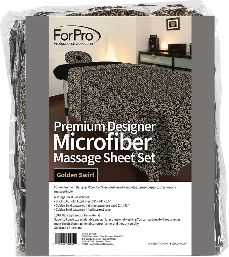 ForPro Premium Microfiber 3-Piece Massage Sheet Set - Golden Swirl & Black Fitted Sheet